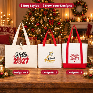 Canvas tas Oud en Nieuw – tote bags in 3 modellen, 9 ontwerpen Happy New Year 2027: Large City 45 × 35 × 10 cm, rode hengsels 45 × 35 × 8 cm of rode rand 40 × 35 × 12 cm - Pamusan.nl