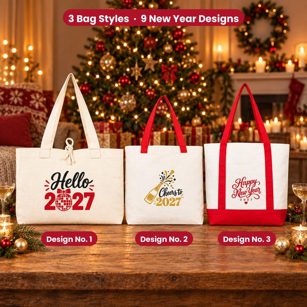Canvas tas Oud en Nieuw – tote bags in 3 modellen, 9 ontwerpen Happy New Year 2027: Large City 45 × 35 × 10 cm, rode hengsels 45 × 35 × 8 cm of rode rand 40 × 35 × 12 cm - Pamusan.nl