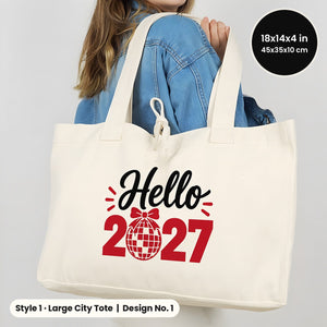 Canvas tas Oud en Nieuw – tote bags in 3 modellen, 9 ontwerpen Happy New Year 2027: Large City 45 × 35 × 10 cm, rode hengsels 45 × 35 × 8 cm of rode rand 40 × 35 × 12 cm - Pamusan.nl