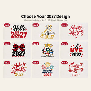 Canvas tas Oud en Nieuw – tote bags in 3 modellen, 9 ontwerpen Happy New Year 2027: Large City 45 × 35 × 10 cm, rode hengsels 45 × 35 × 8 cm of rode rand 40 × 35 × 12 cm - Pamusan.nl