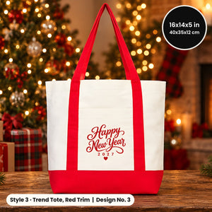 Canvas tas Oud en Nieuw – tote bags in 3 modellen, 9 ontwerpen Happy New Year 2027: Large City 45 × 35 × 10 cm, rode hengsels 45 × 35 × 8 cm of rode rand 40 × 35 × 12 cm - Pamusan.nl