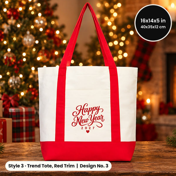 Canvas tas Oud en Nieuw – tote bags in 3 modellen, 9 ontwerpen Happy New Year 2027: Large City 45 × 35 × 10 cm, rode hengsels 45 × 35 × 8 cm of rode rand 40 × 35 × 12 cm - Pamusan.nl