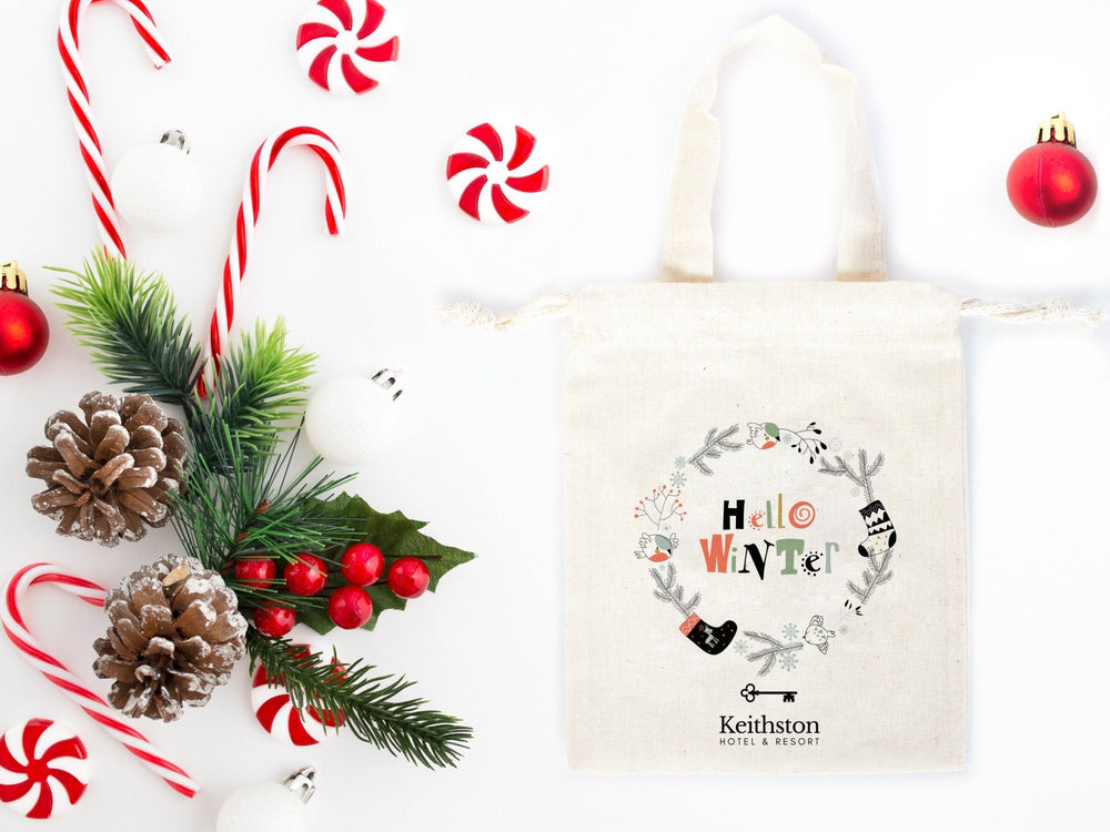 Hello Winter Gift Bags - Custom Family or Company Bags, Add Logo & Text, Personalized Cotton Bags | Pamusan