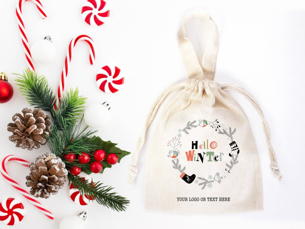 Hello Winter Gift Bags - Custom Family or Company Bags, Add Logo & Text, Personalized Cotton Bags | Pamusan
