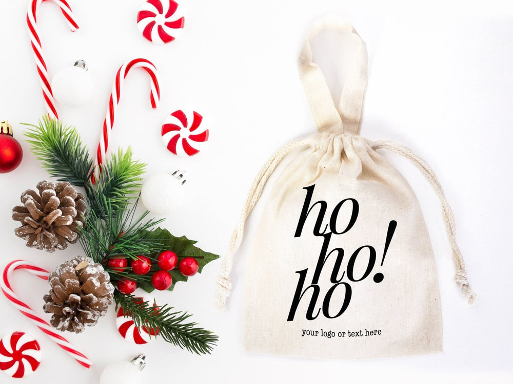 Ho Ho Ho Christmas Pouch Bags – Personalized Cotton Gift Bags for Family or Company | Add Your Logo & Text | Pamusan