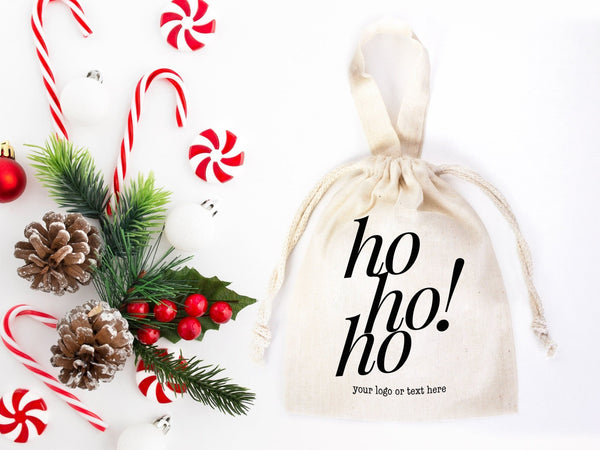 Ho Ho Ho Christmas Pouch Bags – Personalized Cotton Gift Bags for Family or Company | Add Your Logo & Text | Pamusan