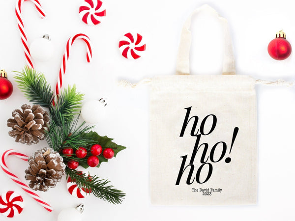 Ho Ho Ho Christmas Pouch Bags – Personalized Cotton Gift Bags for Family or Company | Add Your Logo & Text | Pamusan
