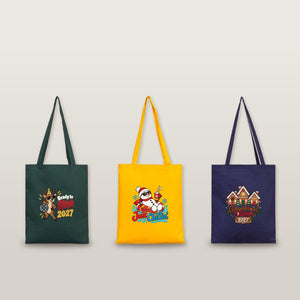 Herbruikbare kerstcadeautassen van stof – katoenen tote bags 35 × 40 cm in groen, geel of marineblauw, 9 ontwerpen voor Kerst & Nieuwjaar 2027 - Pamusan.nl