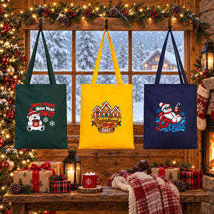 Herbruikbare kerstcadeautassen van stof – katoenen tote bags 35 × 40 cm in groen, geel of marineblauw, 9 ontwerpen voor Kerst & Nieuwjaar 2027 - Pamusan.nl