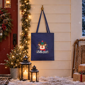 Herbruikbare kerstcadeautassen van stof – katoenen tote bags 35 × 40 cm in groen, geel of marineblauw, 9 ontwerpen voor Kerst & Nieuwjaar 2027 - Pamusan.nl