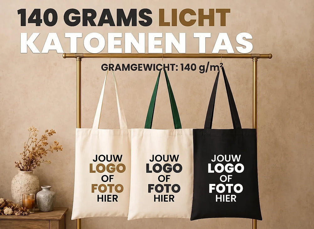 Lichtgewicht katoenen tas 140 g/m2 met eigen opdruk