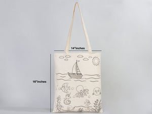 Coloring Tote Bag for Kids – Fish & Ship Design | Paintable Cotton Bag for Coloring Activities — view 7 | Pamusan