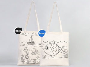 Coloring Tote Bag for Kids – Fish & Ship Design | Paintable Cotton Bag for Coloring Activities — back view | Pamusan
