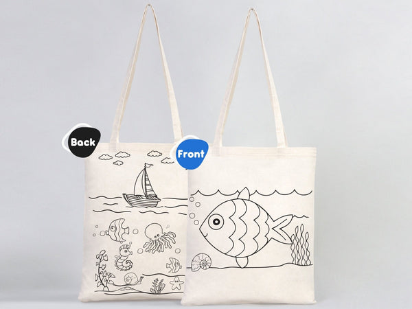 Coloring Tote Bag for Kids – Fish & Ship Design | Paintable Cotton Bag for Coloring Activities — back view | Pamusan