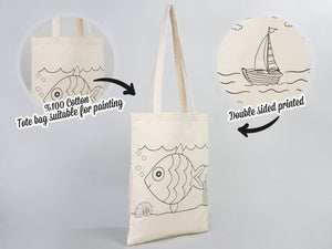 Coloring Tote Bag for Kids – Fish & Ship Design | Paintable Cotton Bag for Coloring Activities — view 6 | Pamusan