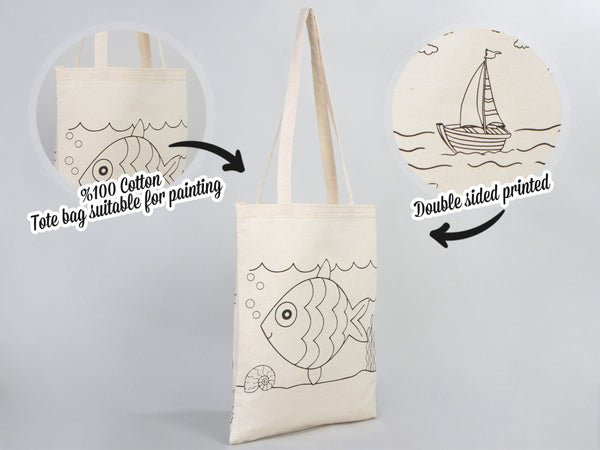 Coloring Tote Bag for Kids – Fish & Ship Design | Paintable Cotton Bag for Coloring Activities — view 6 | Pamusan