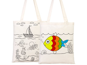 Coloring Tote Bag for Kids – Fish & Ship Design | Paintable Cotton Bag for Coloring Activities — view 9 | Pamusan