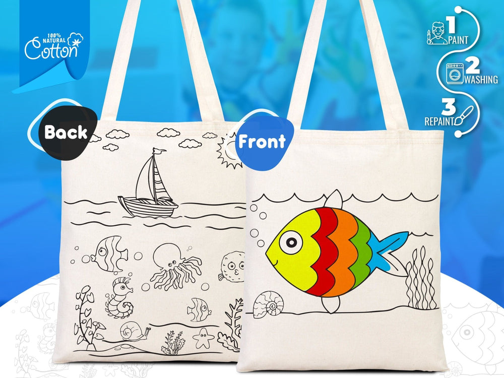 Coloring Tote Bag for Kids – Fish & Ship Design | Paintable Cotton Bag for Coloring Activities | Pamusan