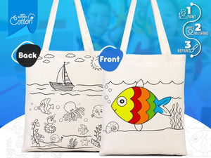 Coloring Tote Bag for Kids – Fish & Ship Design | Paintable Cotton Bag for Coloring Activities | Pamusan