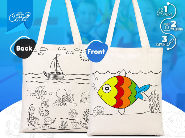 Coloring Tote Bag for Kids – Fish & Ship Design | Paintable Cotton Bag for Coloring Activities | Pamusan
