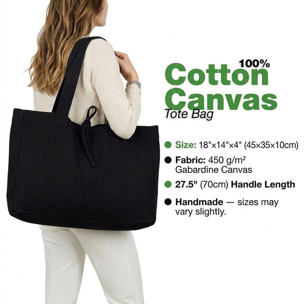 Large Black Canvas Tote Bag with Long Handles – 18"W x 14"H x 4"L - Pamusan.com