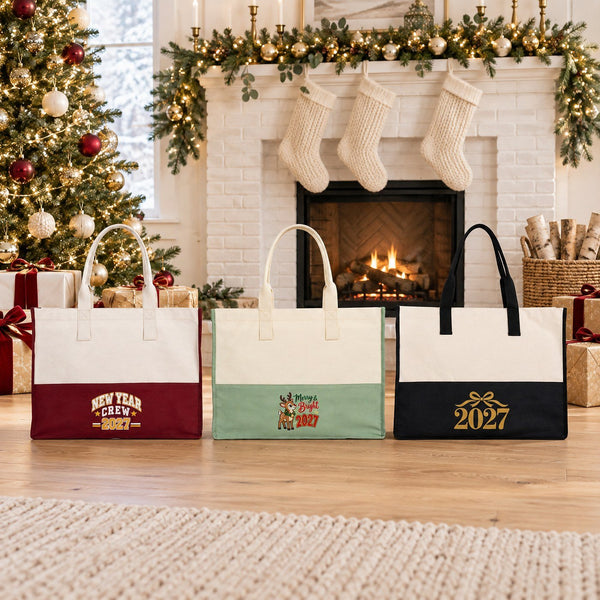 Grote canvas tas kerst – tweekleurige canvas shopper 45 × 35 × 19 cm, bordeaux, zwart of saliegroen, 9 ontwerpen voor Kerst & Nieuwjaar 2027 - Pamusan.nl