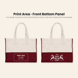 Grote canvas tas kerst – tweekleurige canvas shopper 45 × 35 × 19 cm, bordeaux, zwart of saliegroen, 9 ontwerpen voor Kerst & Nieuwjaar 2027 - Pamusan.nl