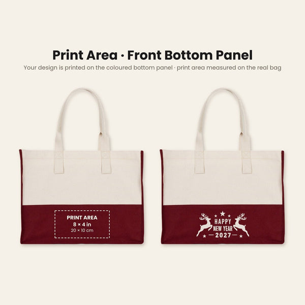 Grote canvas tas kerst – tweekleurige canvas shopper 45 × 35 × 19 cm, bordeaux, zwart of saliegroen, 9 ontwerpen voor Kerst & Nieuwjaar 2027 - Pamusan.nl