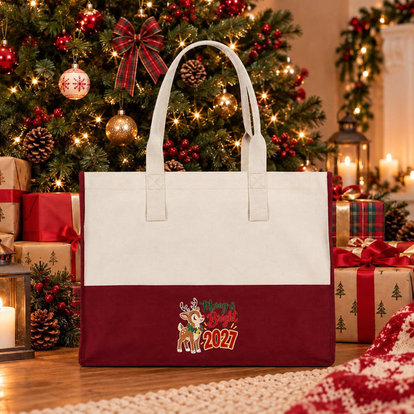 Grote canvas tas kerst – tweekleurige canvas shopper 45 × 35 × 19 cm, bordeaux, zwart of saliegroen, 9 ontwerpen voor Kerst & Nieuwjaar 2027 - Pamusan.nl