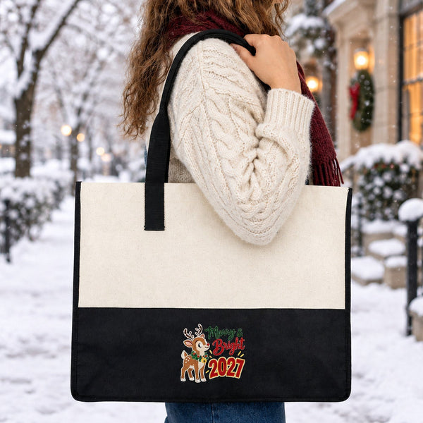 Grote canvas tas kerst – tweekleurige canvas shopper 45 × 35 × 19 cm, bordeaux, zwart of saliegroen, 9 ontwerpen voor Kerst & Nieuwjaar 2027 - Pamusan.nl