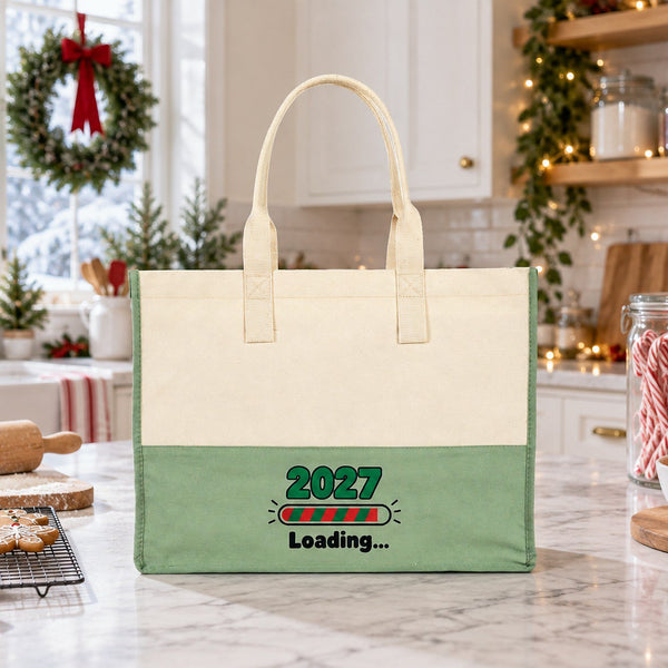 Grote canvas tas kerst – tweekleurige canvas shopper 45 × 35 × 19 cm, bordeaux, zwart of saliegroen, 9 ontwerpen voor Kerst & Nieuwjaar 2027 - Pamusan.nl