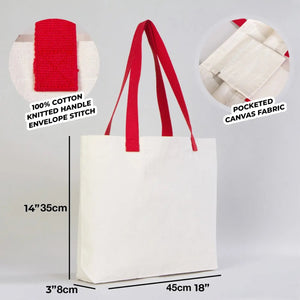 Canvas Tote Bag with Red Woven Handles – 18" × 14" × 3" (45 × 35 × 8 cm) – Thick 10 oz Cotton — back view | Pamusan