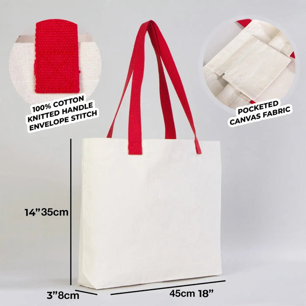 Canvas Tote Bag with Red Woven Handles – 18" × 14" × 3" (45 × 35 × 8 cm) – Thick 10 oz Cotton — back view | Pamusan