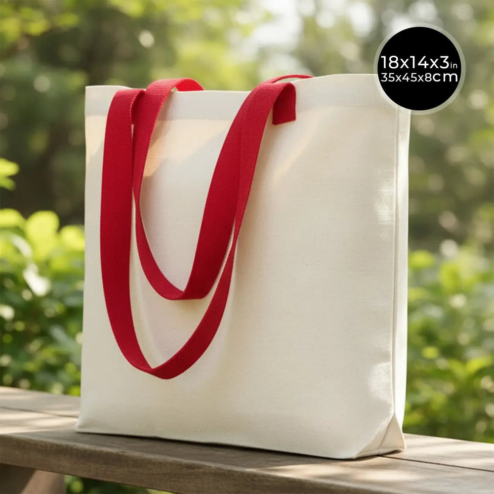 Canvas Tote Bag with Red Woven Handles – 18" × 14" × 3" (45 × 35 × 8 cm) – Thick 10 oz Cotton | Pamusan