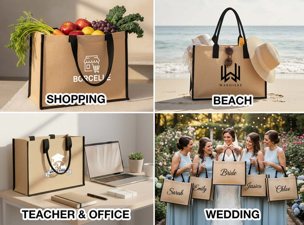 Large Custom Jute Tote Bag 18x12x6 – Eco - Friendly Reusable Bag with Black Handles - Pamusan.com