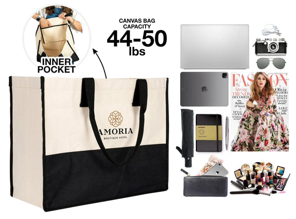 Large Elite Personalized Canvas Tote – Custom Travel, Spa, Hotel Gift Bag with Pocket - Pamusan.com
