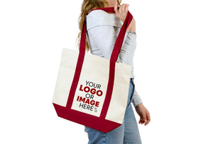 Large Trend Canvas Shopping Bag with Burgundy Handle, 16"W x 14"H x 5"L, 12 Oz, Personalized - Pamusan.com