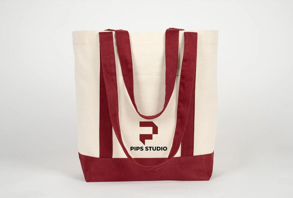 Large Trend Canvas Shopping Bag with Burgundy Handle, 16"W x 14"H x 5"L, 12 Oz, Personalized - Pamusan.com