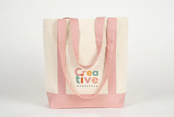 Large Trend Canvas Shopping Bag with Pink Handle, 16"W x 14"H x 5"L, Large Tote Bag 12 Oz, Personalized - Pamusan.com