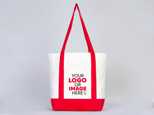 Large Trend Canvas Shopping Bag with Red Handle, 16"W x 14"H x 5"L, Large Tote Bag 12 Oz, Personalized - Pamusan.com
