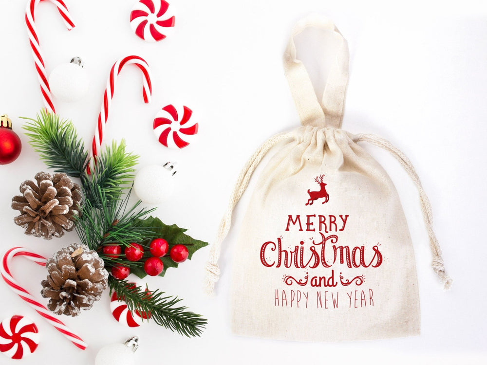 Merry Christmas and New Year Cotton Bags – Custom Family or Company Gift Pouches with Logo & Text | Pamusan