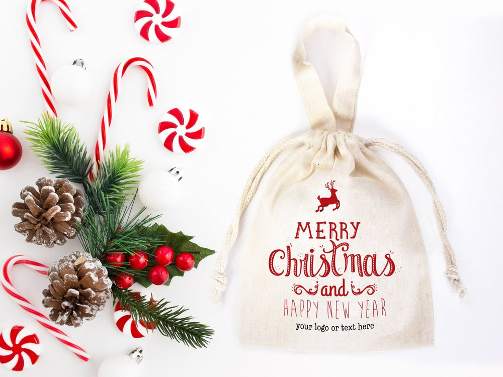 Merry Christmas and New Year Cotton Bags – Custom Family or Company Gift Pouches with Logo & Text | Pamusan