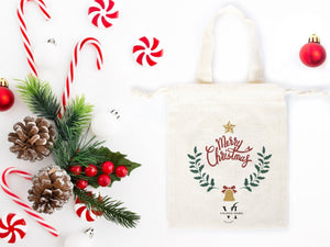 Merry Christmas Cotton Drawstring Bag – Custom Holiday Gift Pouch — logo detail | Pamusan