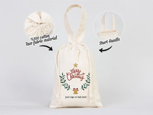 Merry Christmas Cotton Drawstring Bag – Custom Holiday Gift Pouch — logo detail | Pamusan