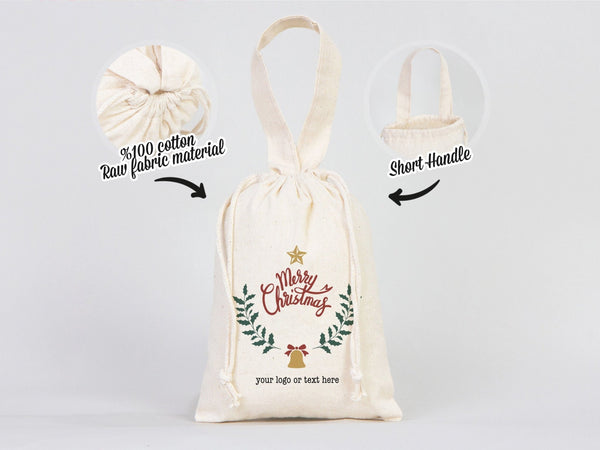 Merry Christmas Cotton Drawstring Bag – Custom Holiday Gift Pouch — logo detail | Pamusan