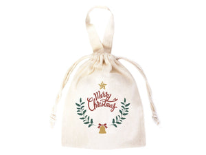 Merry Christmas Cotton Drawstring Bag – Custom Holiday Gift Pouch — logo detail | Pamusan
