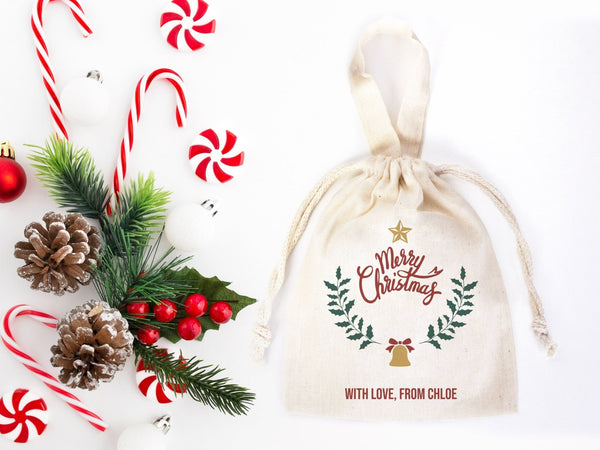 Merry Christmas Cotton Drawstring Bag – Custom Holiday Gift Pouch | Pamusan