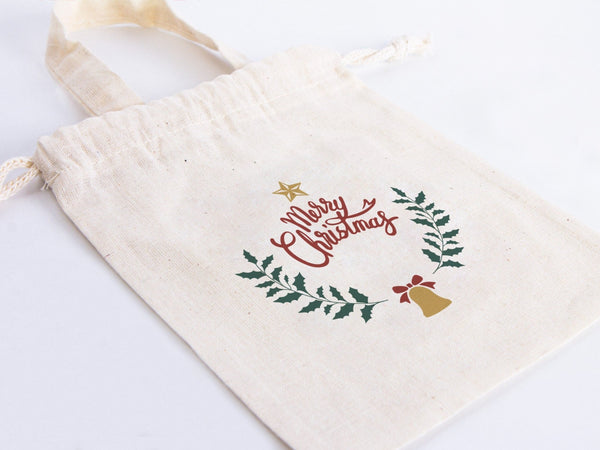 Merry Christmas Cotton Drawstring Bag – Custom Holiday Gift Pouch — logo detail | Pamusan