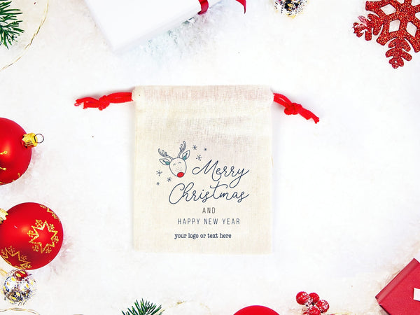 Merry Christmas Gift Pouches – Custom Printed Muslin Bags with Colorful Drawstrings — print detail | Pamusan