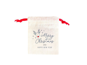 Merry Christmas Gift Pouches – Custom Printed Muslin Bags with Colorful Drawstrings — print detail | Pamusan